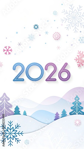2026 Silver Winter Numbers On White Background With Snowflakes, New Year And Christmas Concept, Clean Copy Space For Banner, Poster, Greeting Card, Website Header, Seasonal Marketing Design