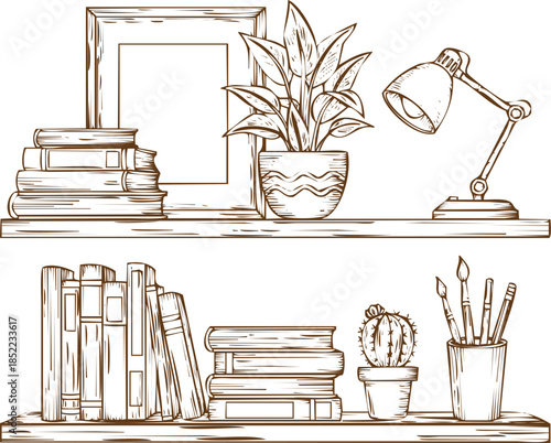 An engraving art style illustration hand drawn still life drawing of desk objects potted plant, books, picture frame, and desk lamp on shelves