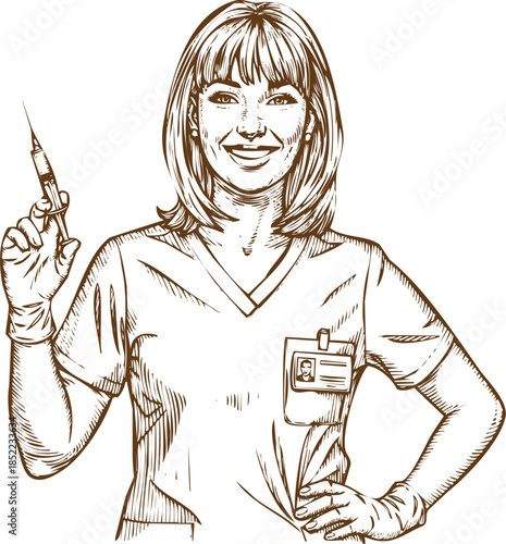 An engraving art style illustration hand drawn smiling female nurse or doctor holding a syringe in a vintage sketch style