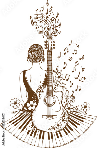 An engraving art style illustration hand drawn woman with acoustic guitar and musical notes emerging from strings, sitting on piano keys