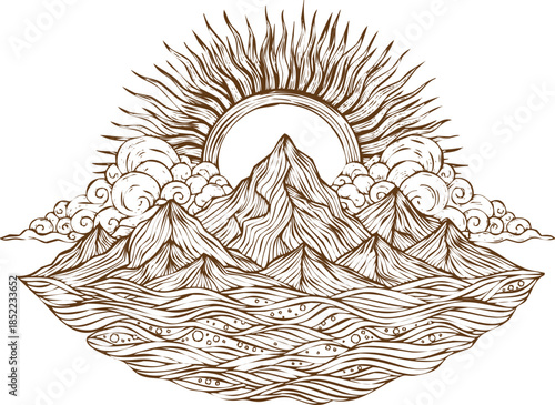 An engraving art style illustration hand drawn vintage engraving style sun rising over mountains and waves illustration