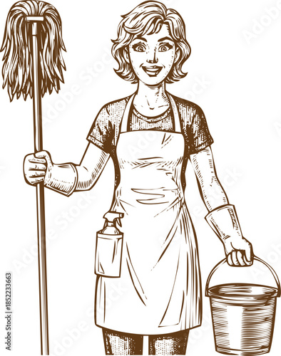 An engraving art style illustration hand drawn smiling housekeeper or cleaner woman holding a mop and bucket, vintage sketch style illustration