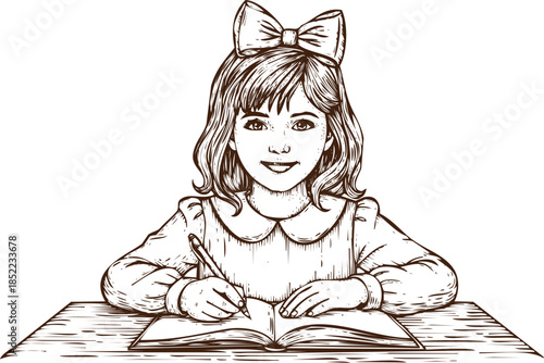 An engraving art style illustration hand drawn smiling little girl writing in a book at a desk, vintage sketch style