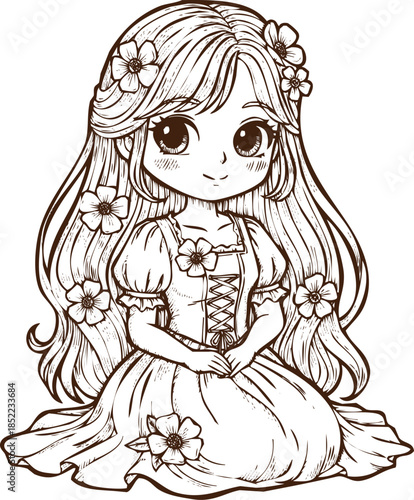 An engraving art style illustration hand drawn cute chibi girl with long hair and flowers coloring page outline drawing