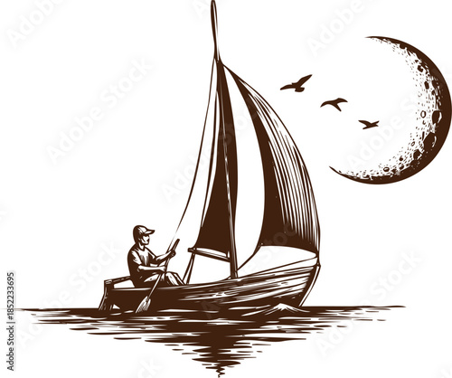 An engraving art style illustration hand drawn sailboat with man rowing under a large textured moon and birds flying, vintage woodcut style