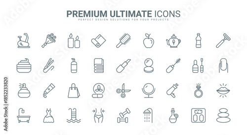 Beauty cosmetics and skin care thin line icons set vector illustration. Outline makeup and natural herbal lotion and cream, healthy massage and candle spa relax for body health, salon therapy