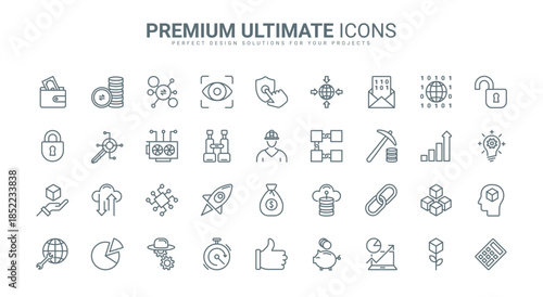 Blockchain, bitcoin thin line icons set vector illustration. Outline crypto money in digital wallet and data mining in network, cryptocurrency exchange, transaction and payment pictogram, cryptography