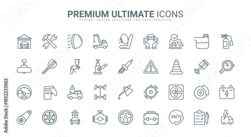 Car maintenance service, workshop garage equipment thin line icons set vector illustration. Outline pictogram of mechanic tools to repair engine and change tires, road safety sign and emergency call