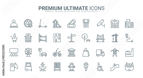 Public city building, infrastructure and facility thin line icons set vector illustration. Abstract outline residential and recreation area, cityscape symbols, skyscrapers and transport, commerce