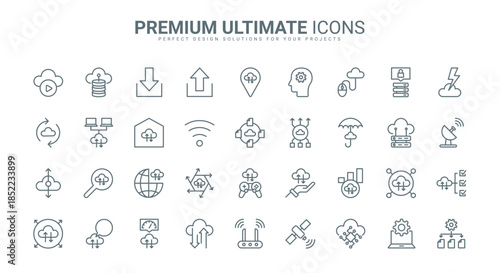 Cloud computing thin line icons set vector illustration. Outline automatic digital data transfer, download and synchronization, information management for storage, AI network platform and smart home