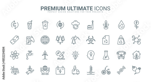 Ecology, green recycle technology and environment thin line icons set vector illustration. Outline eco house and tourism, electric car and bio fuel, climate change, eco consumption and care of nature