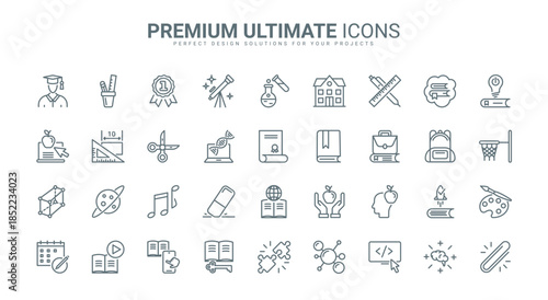 Education, scholarship thin line icons set vector illustration. Outline school and university knowledge and skills, diploma of graduate student, sport and science, research with laboratory microscope