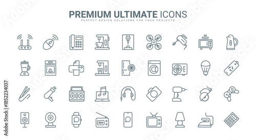 Kitchen and household appliances thin line icons set vector illustration. Outline domestic electric equipment collection with oven microwave kettle blender television fridge hairdryer symbols