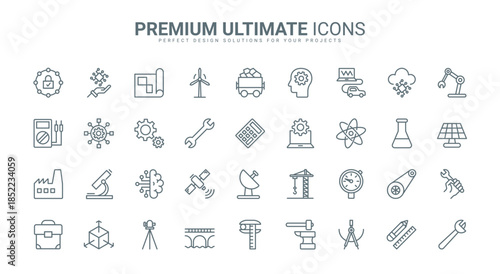 Automation in industry, manufacture production and engineering thin line icons set vector illustration. Abstract outline civil construction, machine assembly, AI smart technology and equipment