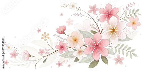 Pastel Floral Illustration With Soft Pink Flowers And Delicate Leaves On White Background, Romantic Spring Nature Design For Wedding, Greeting Card, Branding, Social Media, Copy Space