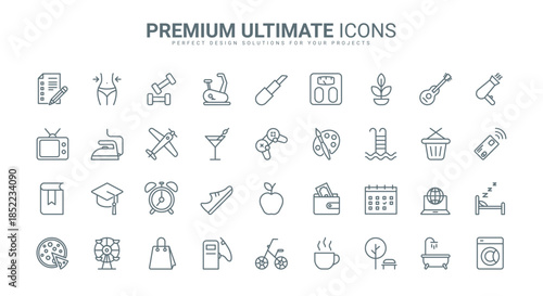 Daily planner, calendar thin line icons set vector illustration. Outline modern organizer symbols for business event and home work, hygiene laundry and fitness time planning, travel and learning