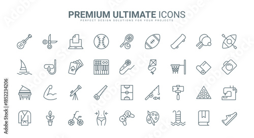 Hobby thin line icons set vector illustration. Outline outdoor and indoor leisure fun activity for weekend with arts and music, photography and online video game, sport and yoga, handcrafting