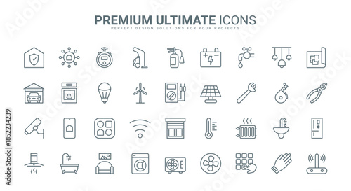 Smart home thin line icons set vector illustration. Outline systems of house to control temperature, energy and remote digital access, symbols of appliances and furniture, security mobile devices