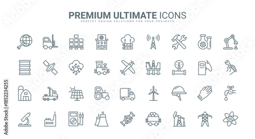Industry thin line icons set vector illustration. Outline factory buildings and worker, gas and oil, energy and power production and resources, robot equipment and pipeline of manufacturing enterprise