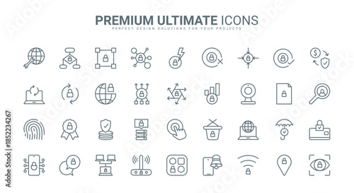 Online security thin line icons set vector illustration. Outline secure encrypted connection and fingerprint verification for access, confidential data payment protection, server notification