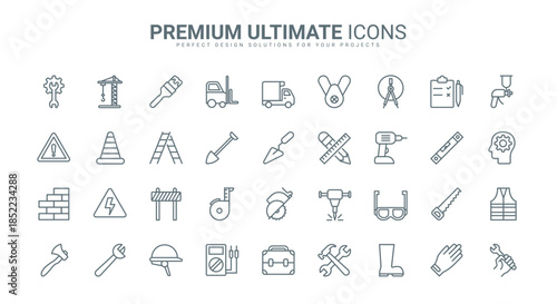 Mechanic tools and industry equipment thin line icons set vector illustration. Outline instruments from workers toolbox to measure and repair, fix toolkit for work, construction technology symbols