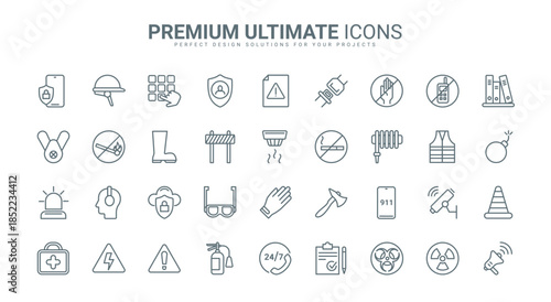 Safety, accident and risk for health thin line icons set vector illustration. Outline life protection and care symbols, emergency service in danger disasters, safe insurance shield and support