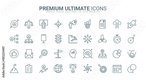 Business management, leadership thin line icons set vector illustration. Outline work solutions of professional leader, progress and growth of managers career, empowerment and balance of goals