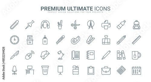 Stationary thin line icons set vector illustration. Abstract outline glue and scissors, staple and ruler, calculator and pencil for school education or office secretary, stationery for workspace