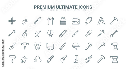 Handymans tools thin line icons set vector illustration. Abstract outline maintenance and repair service, building and carpentry equipment, toolkit and instrument of worker, safety helmet and hardware