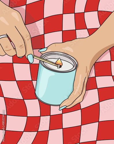 Close Up of Woman's Hand Lighting a Candle with a Burning Wooden Match Isolated on a Wavy Checked Red and Pink Background