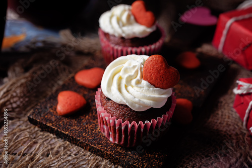 Chocolate cakes with vanilla cream frosting for Valentines day holiday