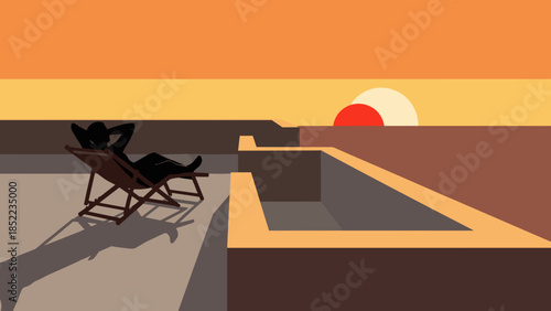 Silhouette relaxing reclining by pool at sunset, illustration