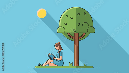 Woman reading book under tree during sunny day, leisure activity concept
