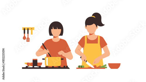 Two women cooking together, one stirring a pot, the other chopping vegetables