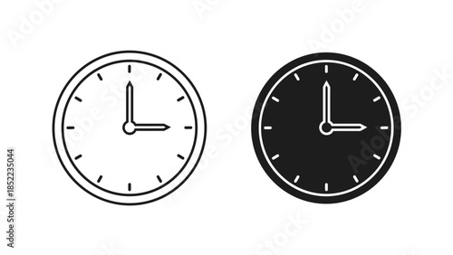 Duo of minimalist round clock designs, in outline and solid styling, isolated
