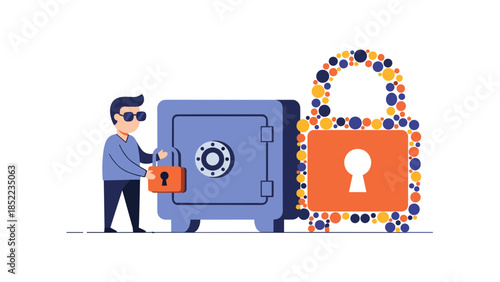 Cartoon burglar stealing a safe, secured by a large decorative padlock