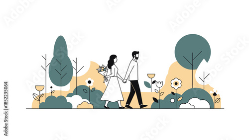 Newlyweds couple walking in park, romantic embrace after wedding ceremony