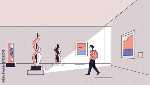 Museum visitor observes contemporary art pieces in a gallery setting