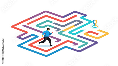 Running through a colorful, complicated maze toward location, business challenge