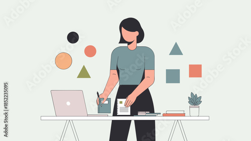 Woman standing at desk with geometric shapes and document in illustration