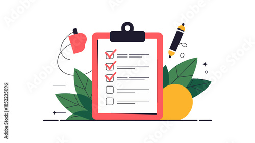 Clipboard checklist shows list of completed tasks with leaf decoration