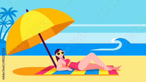 Relaxing woman enjoys sunbathing under a colorful umbrella on a tropical beach