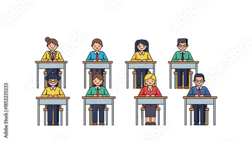 Cartoon students sitting at school desks wearing bright shirts in classroom