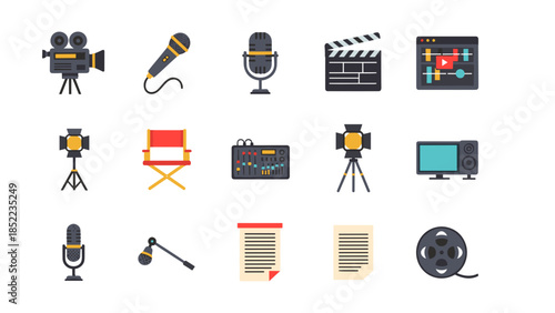 Film icons illustration featuring camera, microphone, chair, monitor, and movie reel