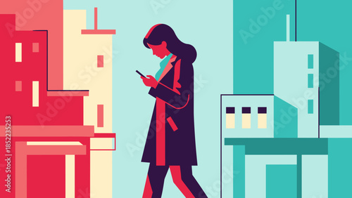 Woman walking on sidewalk using smartphone, modern city illustration