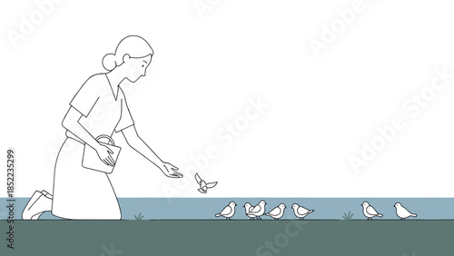 Line drawing of a woman feeding birds outdoors on a sunny day
