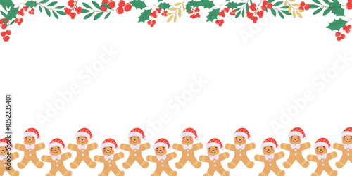 Festive Christmas illustration featuring a row of smiling gingerbread cookies in Santa hats with holly and red berries border. Perfect for holiday cards, banners, invitations, and seasonal designs.