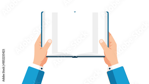 Hands holding an open book with blank pages for your message or design