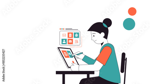 Woman using a touchscreen tablet at her desk in a bright, clean room