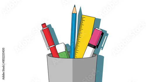 Desk organizer filled with stationery supplies, including pencils, erasers,